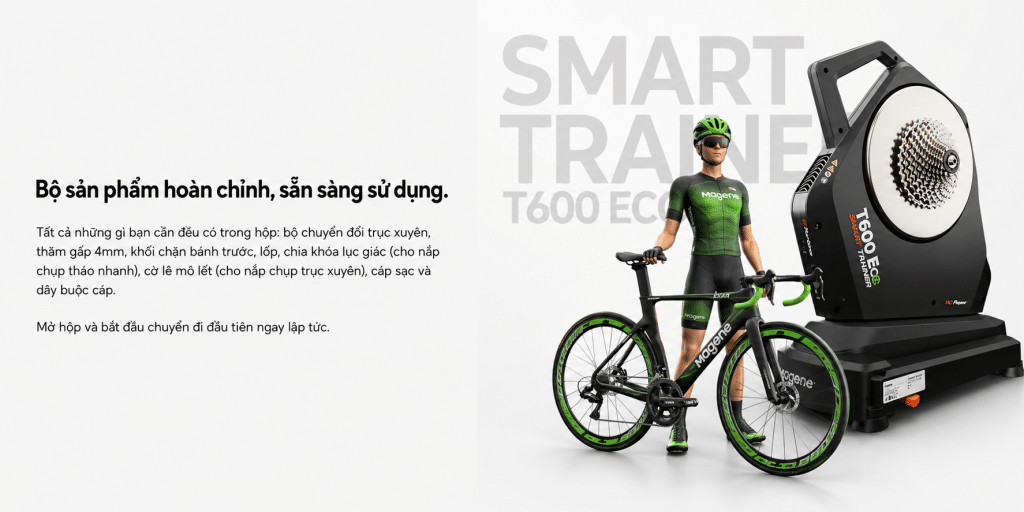 Ảnh minh họa bộ sản phẩm Magene T600 Eco Smart Trainer hoàn chỉnh, bao gồm smart trainer, xe đạp, vận động viên và các phụ kiện đi kèm, sẵn sàng sử dụng ngay sau khi mở hộp.