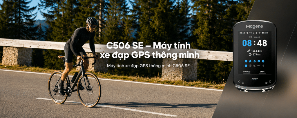 Banner giới thiệu C506 SE – máy tính xe đạp GPS thông minh Magene, nổi bật với màn hình màu sắc nét, hỗ trợ dẫn đường rõ ràng và hiển thị dữ liệu đạp xe đa dạng cho người dùng xe đạp đường trường.