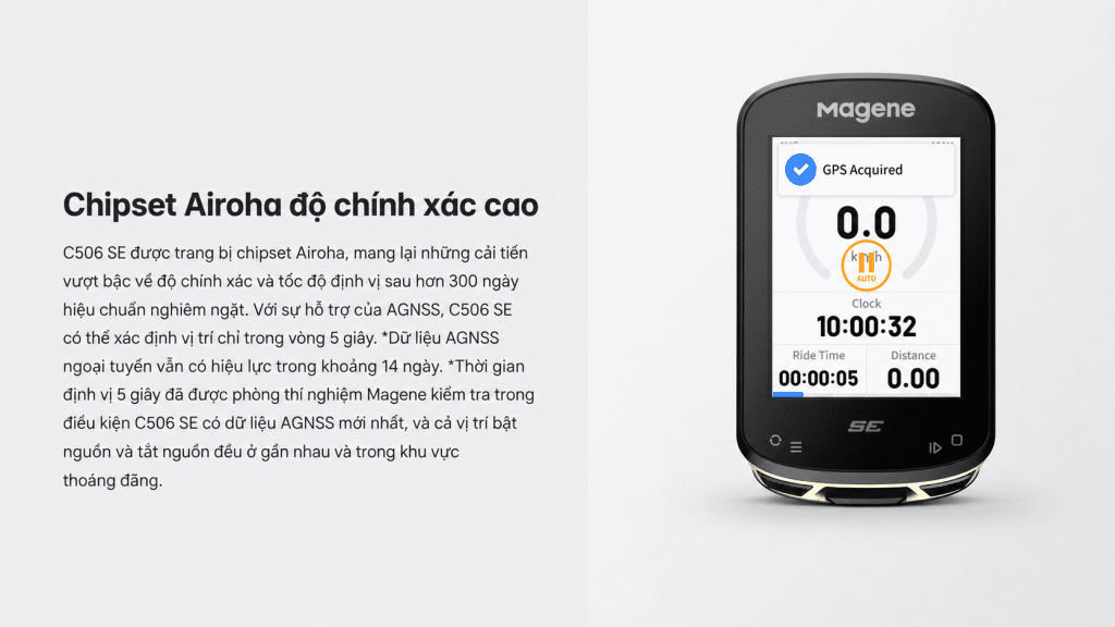 Hình ảnh giới thiệu chipset Airoha độ chính xác cao trên Magene C506 SE Smart GPS Bike Computer, hỗ trợ định vị nhanh, đồng bộ AGNSS và xác định vị trí chỉ trong khoảng 5 giây.