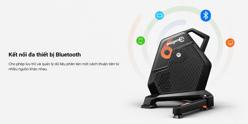 Ảnh minh họa tính năng kết nối đa thiết bị Bluetooth của Magene T600 Eco Smart Trainer, cho phép kết nối và quản lý dữ liệu luyện tập từ nhiều thiết bị như điện thoại, máy tính bảng và máy tính.