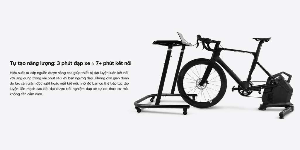 Ảnh minh họa tính năng tự tạo năng lượng của Magene T600 Eco Smart Trainer, cho phép 3 phút đạp xe duy trì hơn 7 phút kết nối với ứng dụng mà không cần cắm điện.