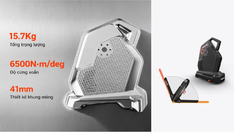 Ảnh minh họa thiết kế vỏ nhôm đúc nguyên khối của Magene T600 Eco Smart Trainer, với trọng lượng 15.7kg, độ cứng xoắn 6500N·m/deg và khung mỏng 41mm, mang lại sự chắc chắn, ổn định và thẩm mỹ cao.