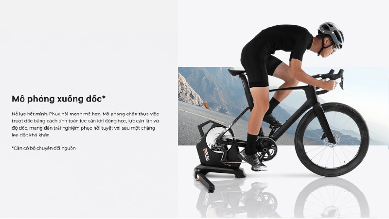 Ảnh minh họa tính năng mô phỏng xuống dốc của Magene T600 Eco Smart Trainer, tái hiện cảm giác trượt dốc chân thực sau các đoạn leo dốc cường độ cao.