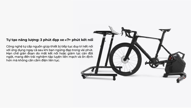 Ảnh minh họa tính năng tự tạo năng lượng của Magene T600 Eco Smart Trainer, cho phép 3 phút đạp xe duy trì hơn 7 phút kết nối với ứng dụng mà không cần cắm điện.
