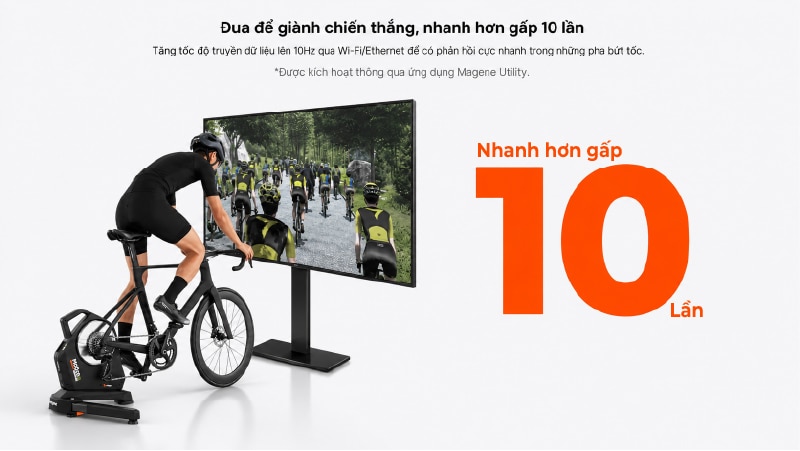 Ảnh minh họa tính năng truyền dữ liệu 10Hz của Magene T600 Eco Smart Trainer qua Wi-Fi/Ethernet, giúp phản hồi nhanh hơn trong các pha bứt tốc và đua xe online.