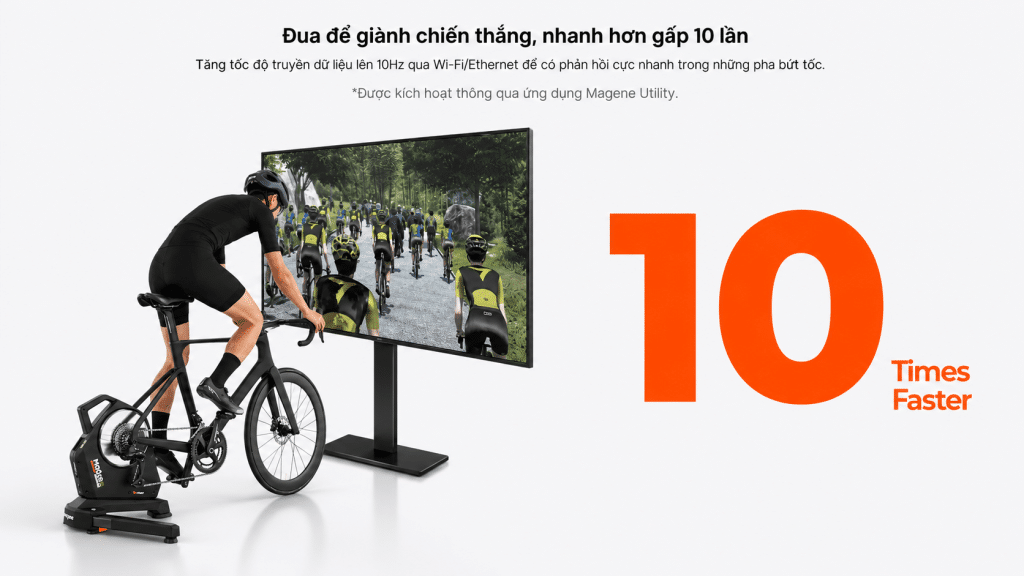 Ảnh minh họa tính năng truyền dữ liệu 10Hz của Magene T600 Eco Smart Trainer qua Wi-Fi/Ethernet, giúp phản hồi nhanh hơn trong các pha bứt tốc và đua xe online.