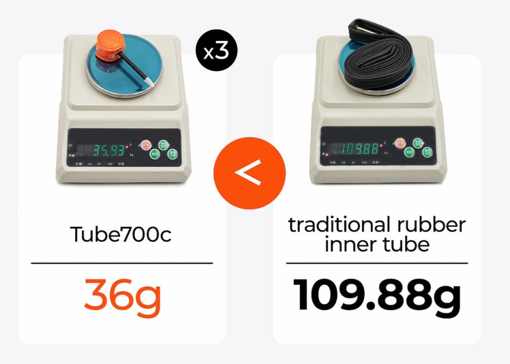 So sánh trọng lượng ruột xe TPU EXAR 700c chỉ 36g với ruột butyl truyền thống 109.88g, cho thấy ưu thế siêu nhẹ, gọn hơn và tối ưu hiệu suất cho xe đạp đường trường.