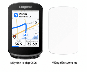 Hình ảnh sản phẩm Magene C506 Bike Computer đi kèm miếng dán cường lực, hiển thị màn hình điều hướng GPS rõ nét với tốc độ, quãng đường còn lại và hướng rẽ trong quá trình đạp xe.