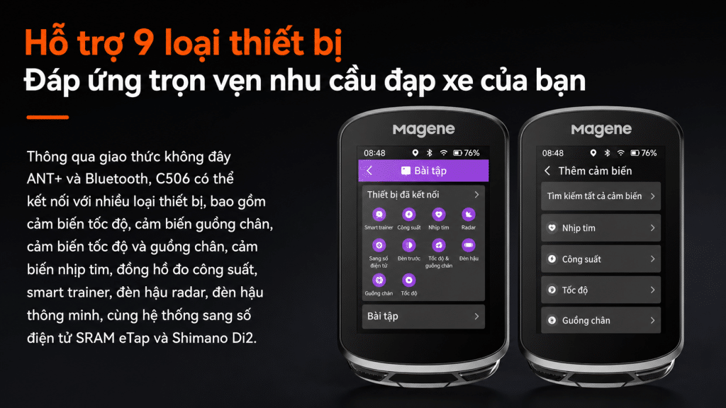 Hình ảnh giới thiệu khả năng hỗ trợ 9 loại thiết bị của Magene C506 Smart GPS Bike Computer thông qua giao thức không dây ANT+ và Bluetooth, giúp kết nối cảm biến tốc độ, cảm biến guồng chân, cảm biến nhịp tim, power meter, smart trainer, đèn hậu radar, đèn hậu thông minh và hệ thống sang số điện tử.