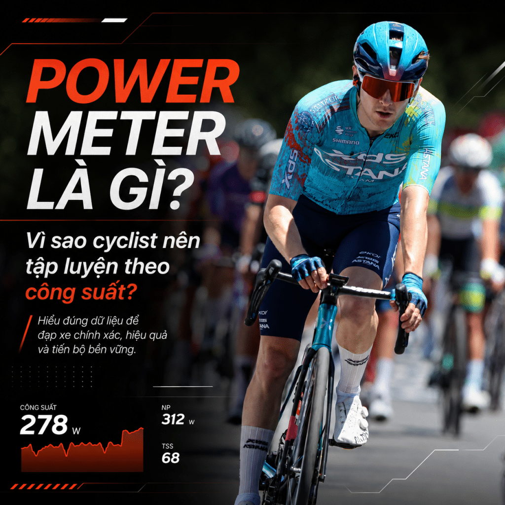 Ảnh bìa bài viết Power Meter là gì, minh họa cyclist thi đấu và dữ liệu công suất đạp xe