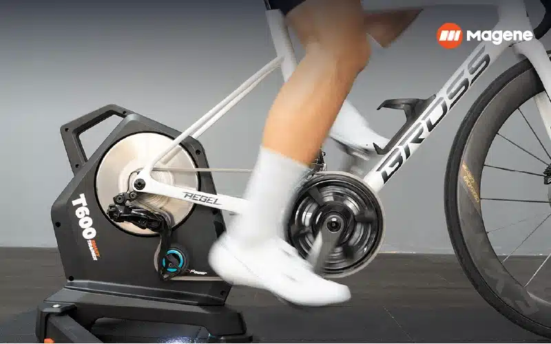 Smart Trainer Magene T600 kết nối xe đạp road để tập luyện indoor, kiểm soát công suất, ERG mode, SIM mode và mô phỏng địa hình tại nhà.
