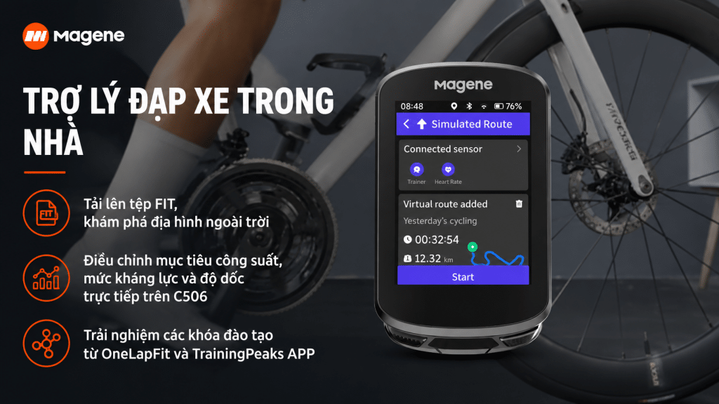 Hình ảnh giới thiệu tính năng Trợ lý đạp xe trong nhà trên Magene C506 Smart GPS Bike Computer, hỗ trợ tải tệp FIT, mô phỏng địa hình ngoài trời, điều chỉnh mục tiêu công suất, mức kháng lực, độ dốc và sử dụng khóa đào tạo từ OneLapFit, TrainingPeaks.