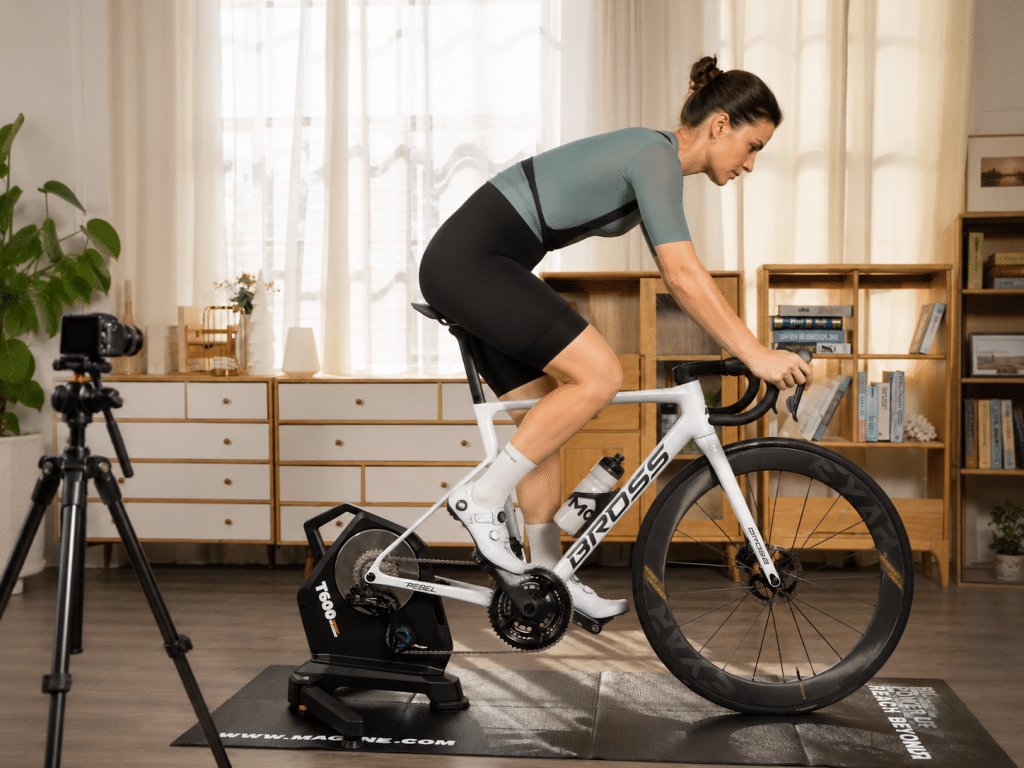Bước 1 chuẩn bị thiết bị và môi trường Bike Fit động tại nhà với Smart Trainer, camera quay ngang, power meter và trang phục đạp xe thực tế để phân tích tư thế đạp chính xác hơn.