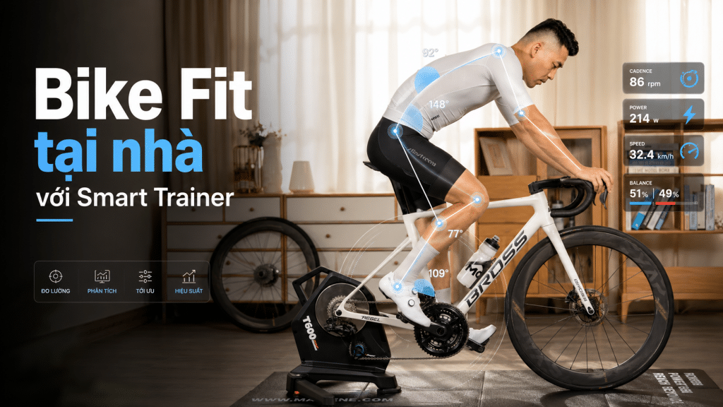 Bike Fit tại nhà với Smart Trainer, minh họa vận động viên đạp xe trên trainer cùng dữ liệu tracking chuyển động, góc khớp, cadence, công suất và cân bằng lực đạp.