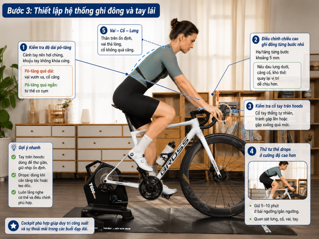 Bước 3 thiết lập hệ thống ghi đông và tay lái trong Bike Fit tại nhà, minh họa cách kiểm tra pô-tăng, chiều cao ghi đông, tư thế cổ tay trên hoods và tư thế drops khi đạp trên Smart Trainer.