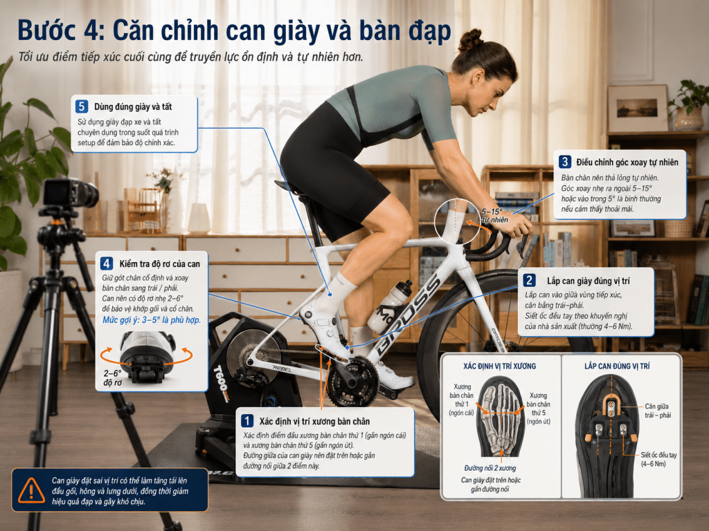 Bước 4 căn chỉnh can giày và bàn đạp trong Bike Fit tại nhà, minh họa cách xác định vị trí xương bàn chân, lắp can giày, chỉnh góc xoay tự nhiên và kiểm tra độ rơ của can.