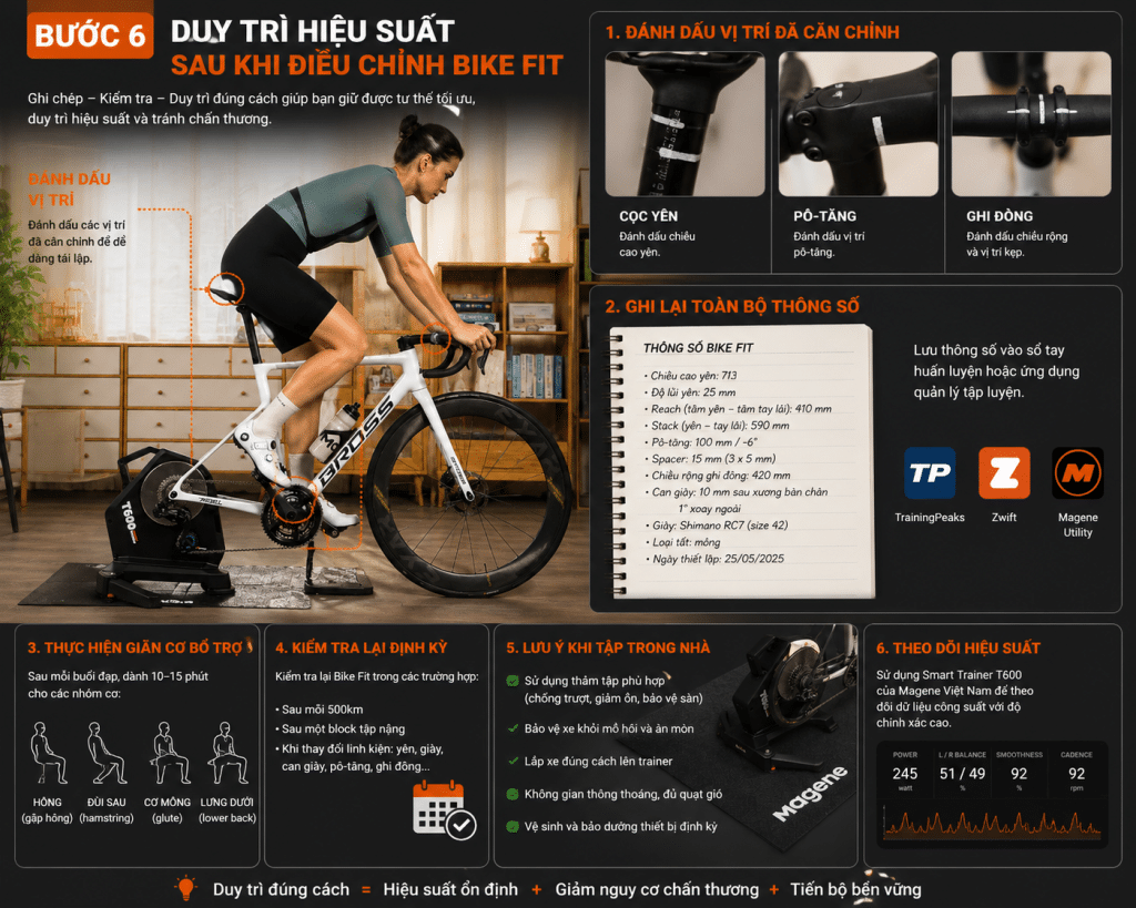 Bước 6 duy trì hiệu suất sau khi điều chỉnh Bike Fit, minh họa cách đánh dấu vị trí xe, ghi lại thông số, giãn cơ, kiểm tra định kỳ và theo dõi dữ liệu công suất trên Smart Trainer Magene.