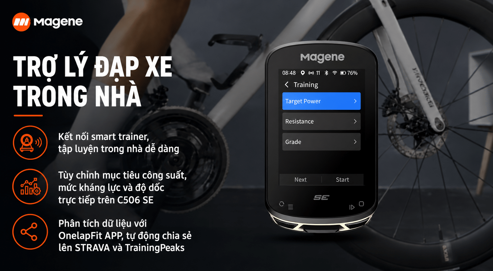 Tnh năng Trợ lý đạp xe trong nhà trên Magene C506 SE Smart GPS Bike Computer, hỗ trợ tải tệp FIT, mô phỏng địa hình ngoài trời, điều chỉnh mục tiêu công suất, mức kháng lực, độ dốc và sử dụng khóa đào tạo từ OneLapFit, TrainingPeaks.