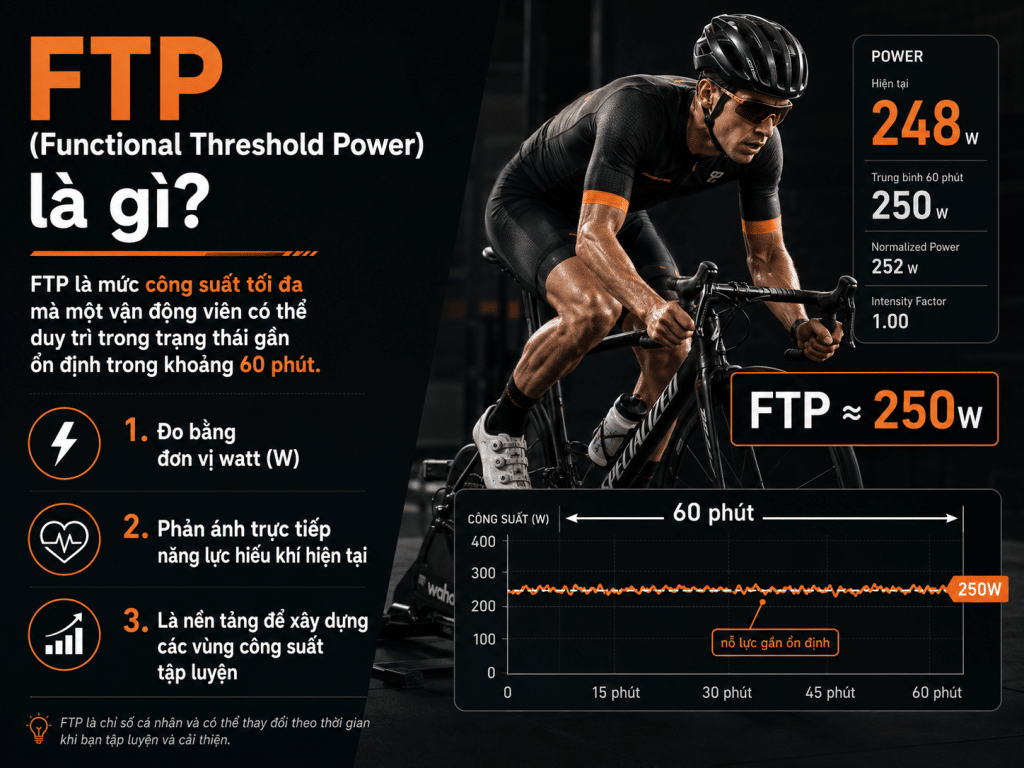 FTP là mức công suất tối đa cyclist có thể duy trì gần ổn định trong 60 phút, đo bằng watt và dùng để xây dựng vùng công suất tập luyện