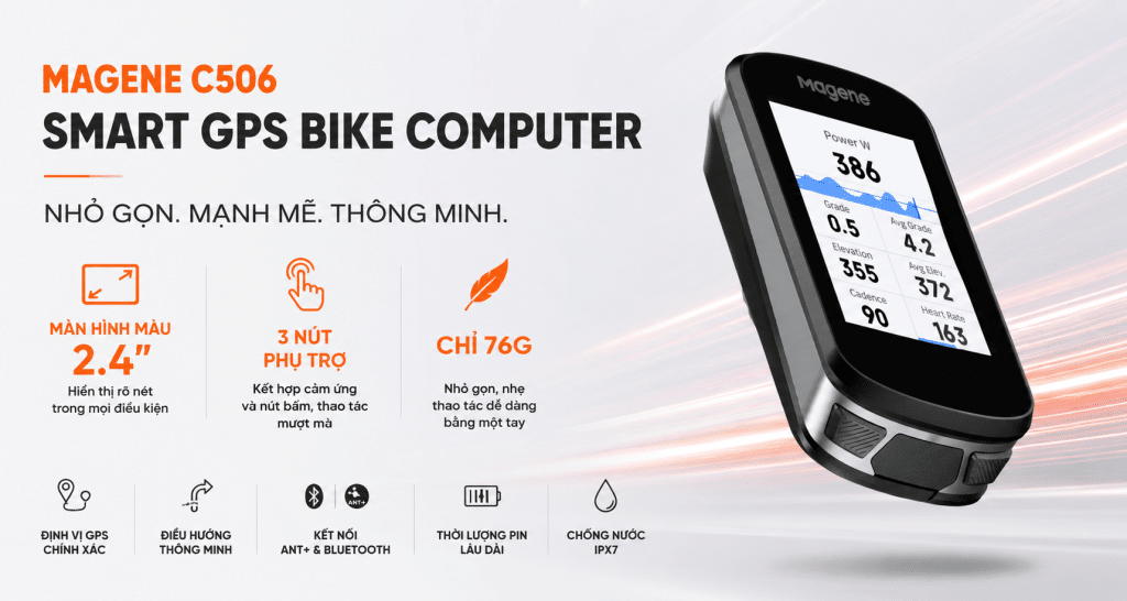 Magene C506 Smart GPS Bike Computer với màn hình cảm ứng màu 2.4 inch, hỗ trợ GPS, điều hướng bản đồ, kết nối ANT+ và Bluetooth, thiết bị đo dữ liệu đạp xe thông minh dành cho cyclist và triathlete.