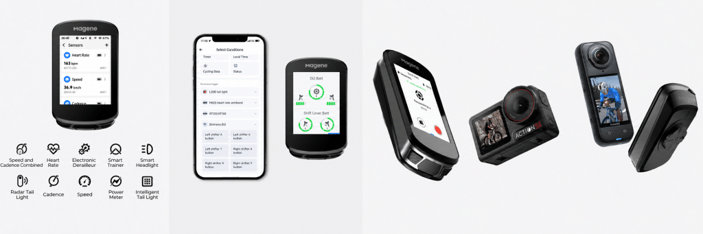 Magene C506 hỗ trợ kết nối ANT+ và Bluetooth với cảm biến tốc độ, cadence, nhịp tim, power meter, Shimano Di2, smart trainer, đèn radar và camera hành trình DJI, Insta360.