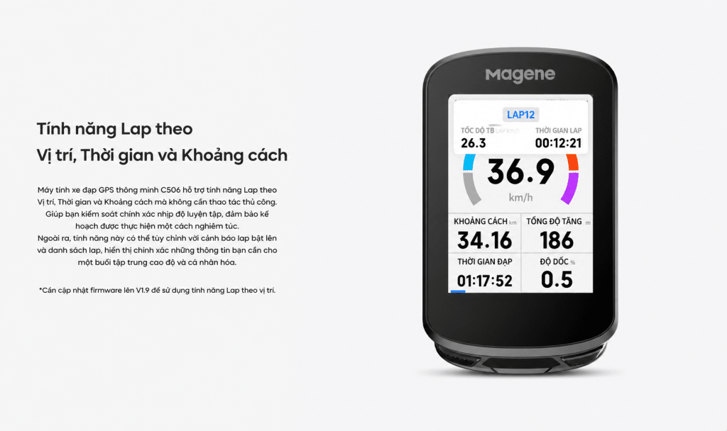Magene C506 hỗ trợ tính năng Lap theo vị trí, thời gian và khoảng cách, giúp tự động ghi vòng tập, kiểm soát pacing và cá nhân hóa dữ liệu luyện tập đạp xe.