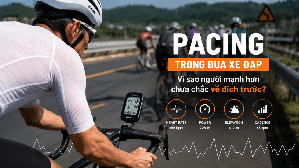 Pacing cho giải đua xe đạp: vì sao người mạnh hơn chưa chắc về đích trước? 1 Vận động viên xe đạp road đang nắm ghi đông và theo dõi bike computer trong cuộc đua để kiểm soát pacing, power, nhịp tim và cadence