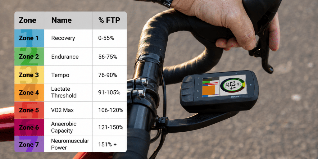 Bảng 7 vùng công suất đạp xe theo %FTP kết hợp hình ảnh bike computer Magene, giúp người tập hiểu cách huấn luyện bằng power meter chính xác hơn.