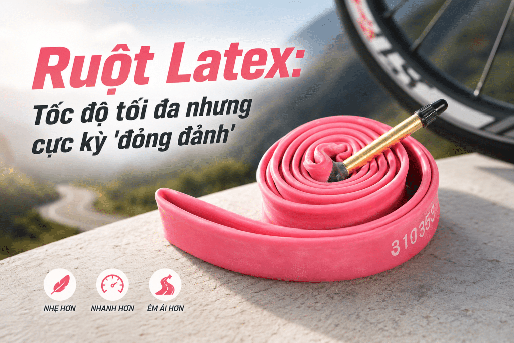 Ruột Latex cho xe đạp đường trường mang lại cảm giác lăn nhanh, êm và nhẹ hơn Butyl, nhưng yêu cầu chăm sóc kỹ hơn do dễ mất hơi và nhạy cảm khi lắp đặt.