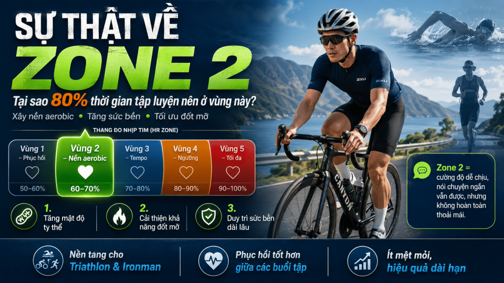 Infographic Zone 2 trong huấn luyện Triathlon, minh họa vận động viên đạp xe ở cường độ aerobic 60–70% nhịp tim tối đa để xây nền sức bền, tối ưu đốt mỡ và phục hồi tốt hơn.