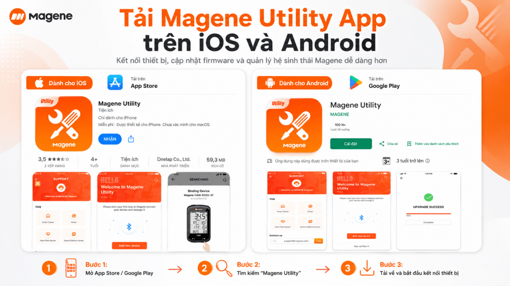 Hướng dẫn tải Magene Utility App trên iOS và Android để kết nối thiết bị Magene, cập nhật firmware và quản lý hệ sinh thái dữ liệu đạp xe.
